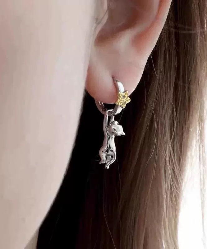 Boutique Silk Sterling Silver Zircon The Cat Picking Stars Drop Earrings