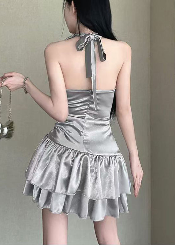 Boutique Silver Stand Collar Rose Hollow Out Mid Dress Summer