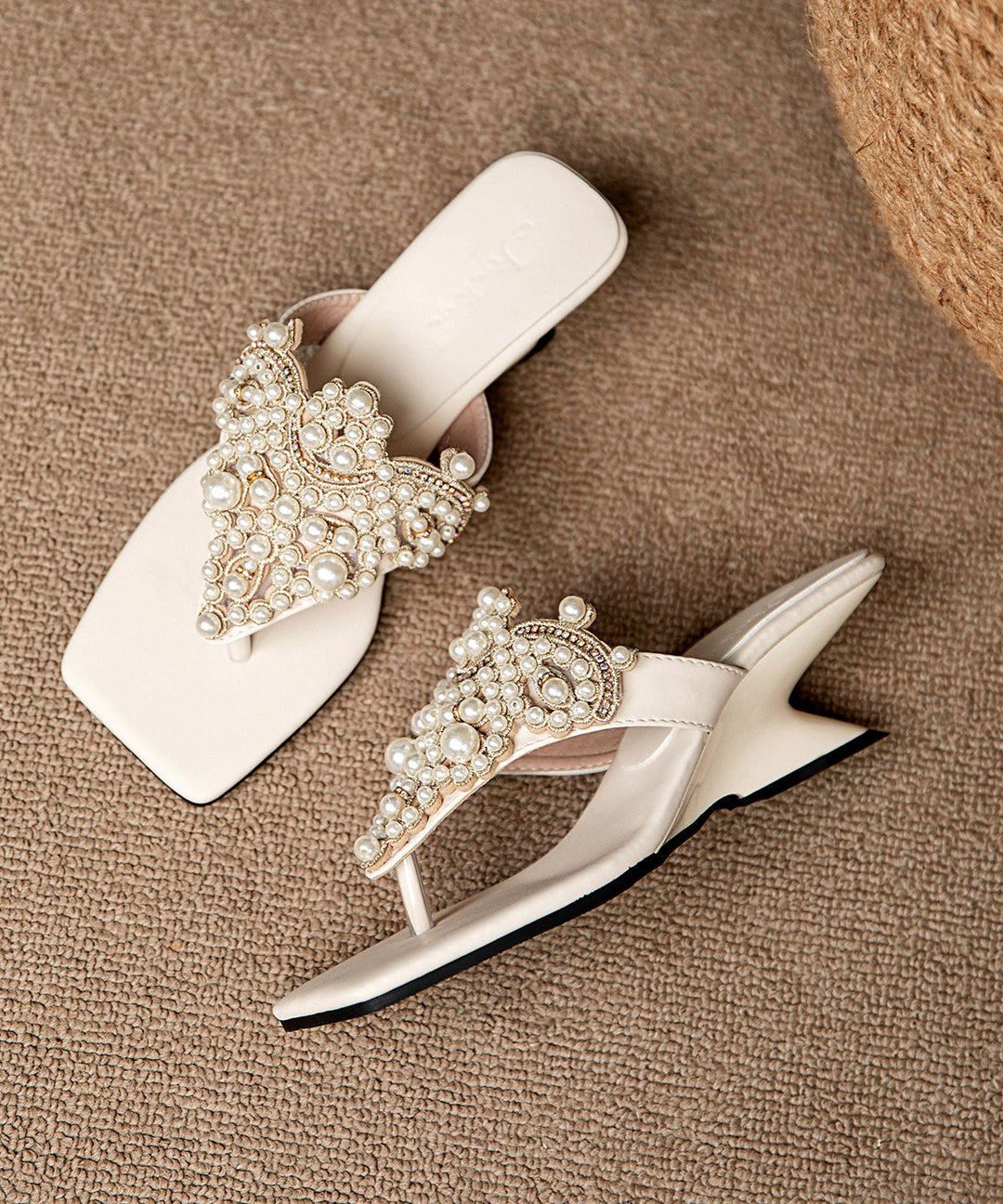 Boutique Splicing Wedge Flip Flops Beige Faux Leather Pearl Zircon