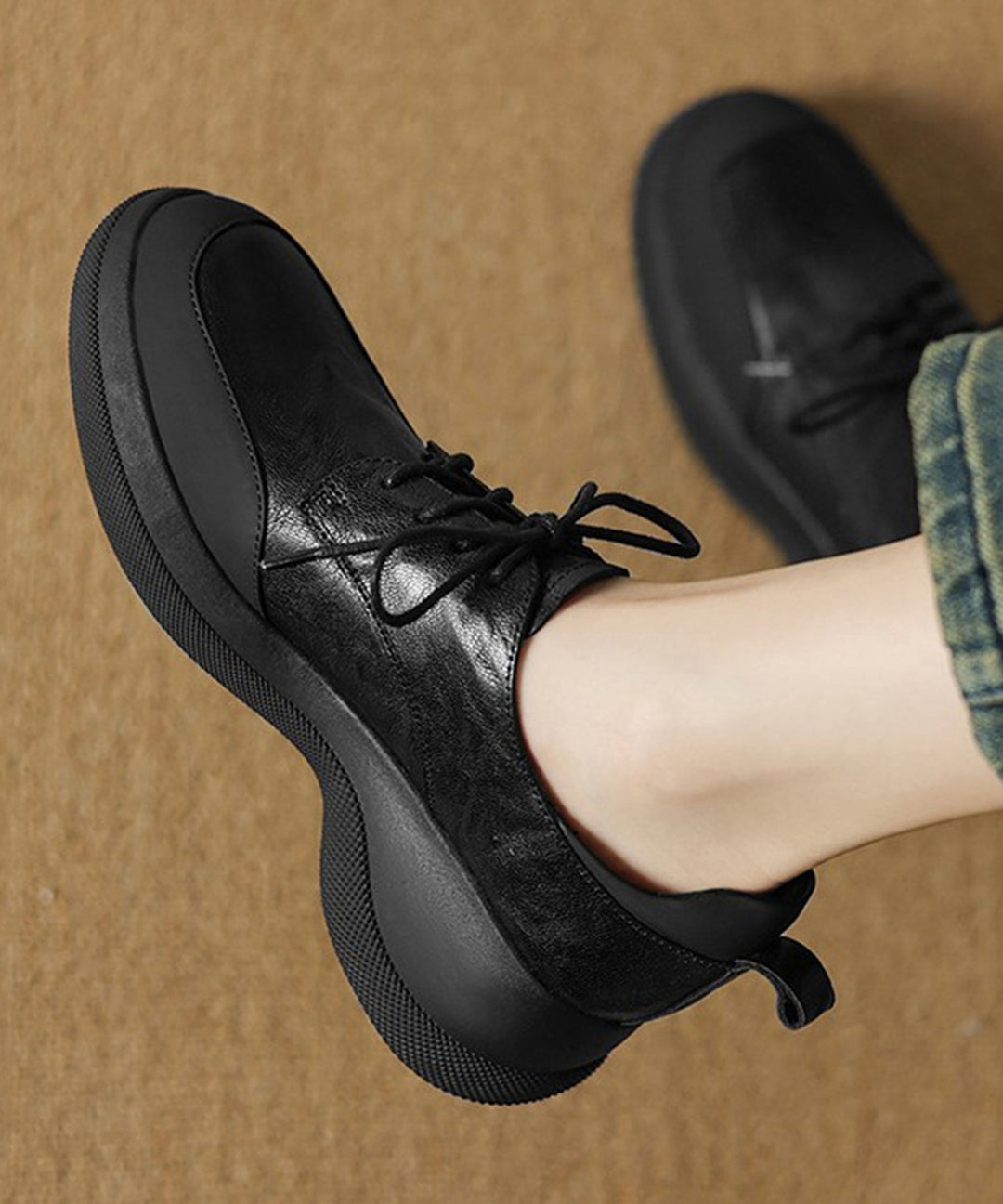 Boutique Splicing Wedge Heels Shoes Brown Sheepskin Lace Up