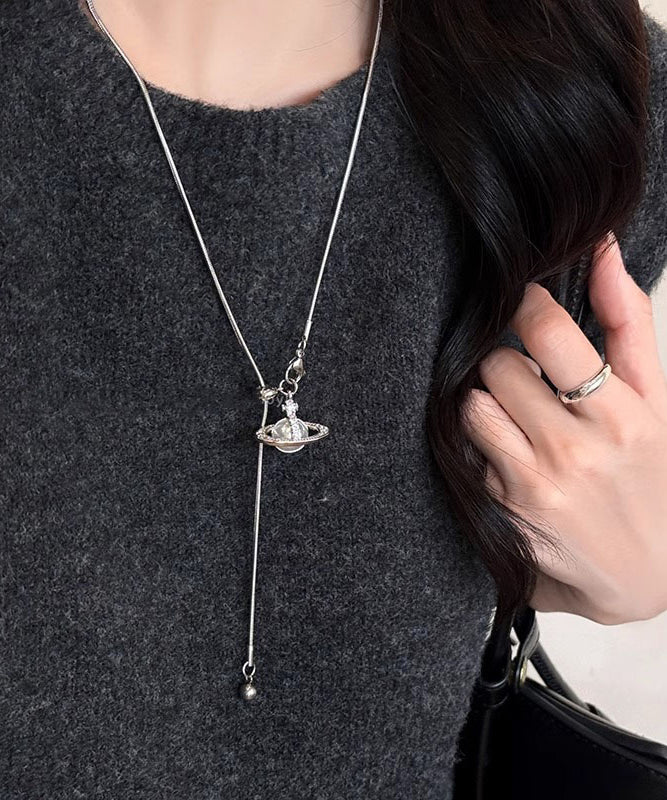 Boutique Stainless Steel Pearl Saturn Lariat Necklace