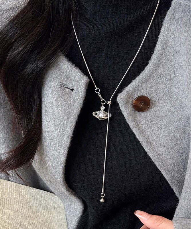 Boutique Stainless Steel Pearl Saturn Lariat Necklace