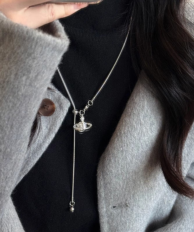 Boutique Stainless Steel Pearl Saturn Lariat Necklace