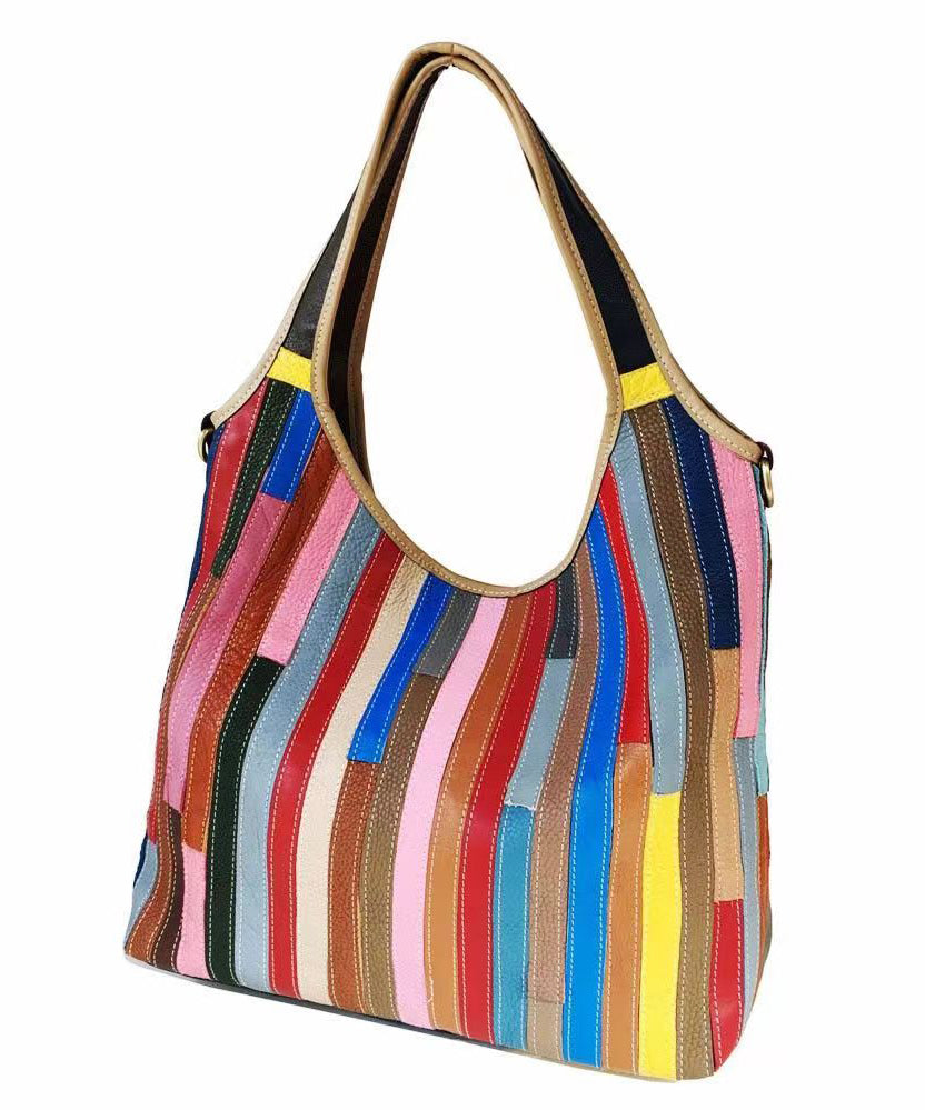 Boutique Striped Colorblock Calf Leather Satchel Bag Handbag