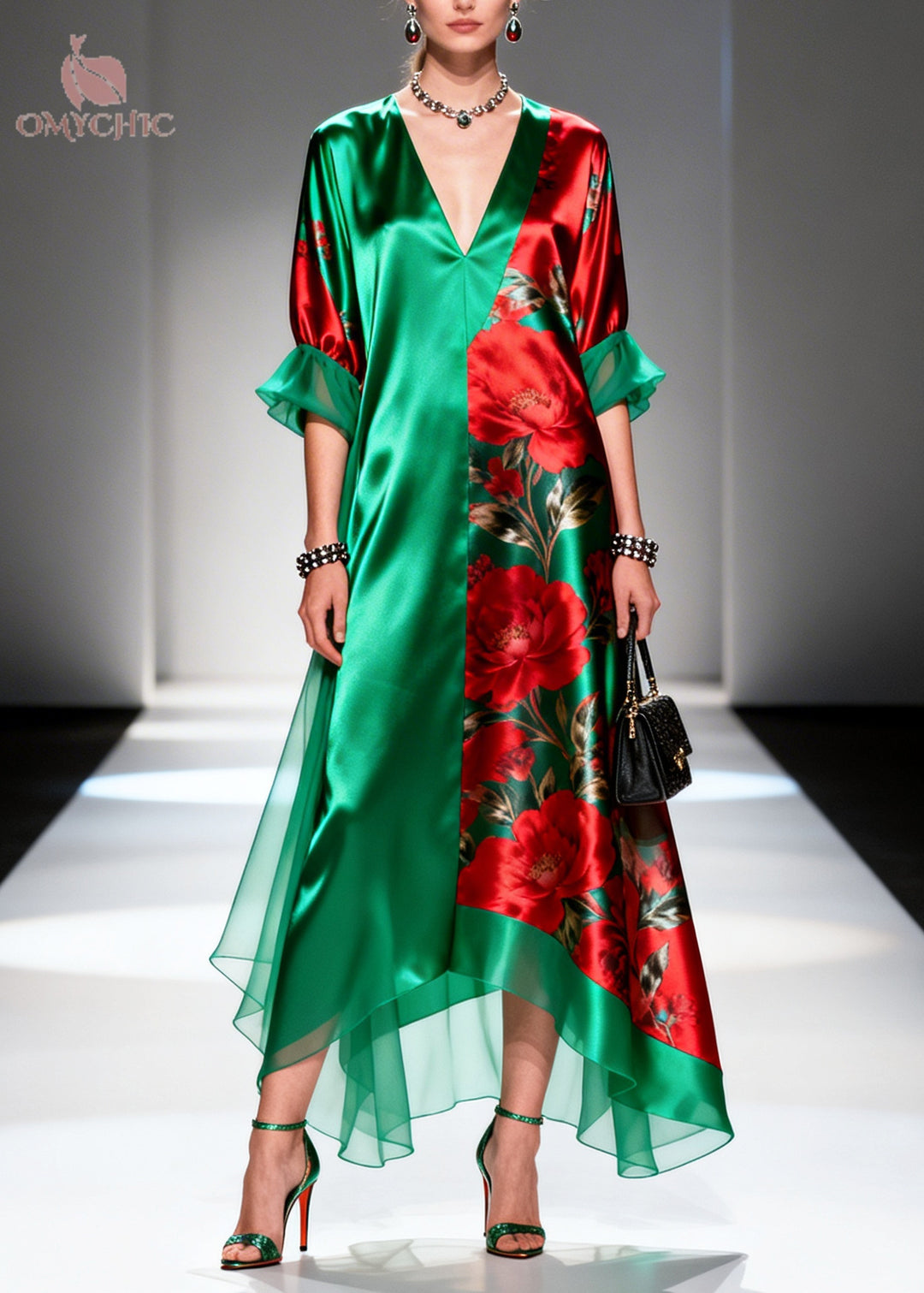Boutique Tea Green Oversized Print Silk Long Dress Summer