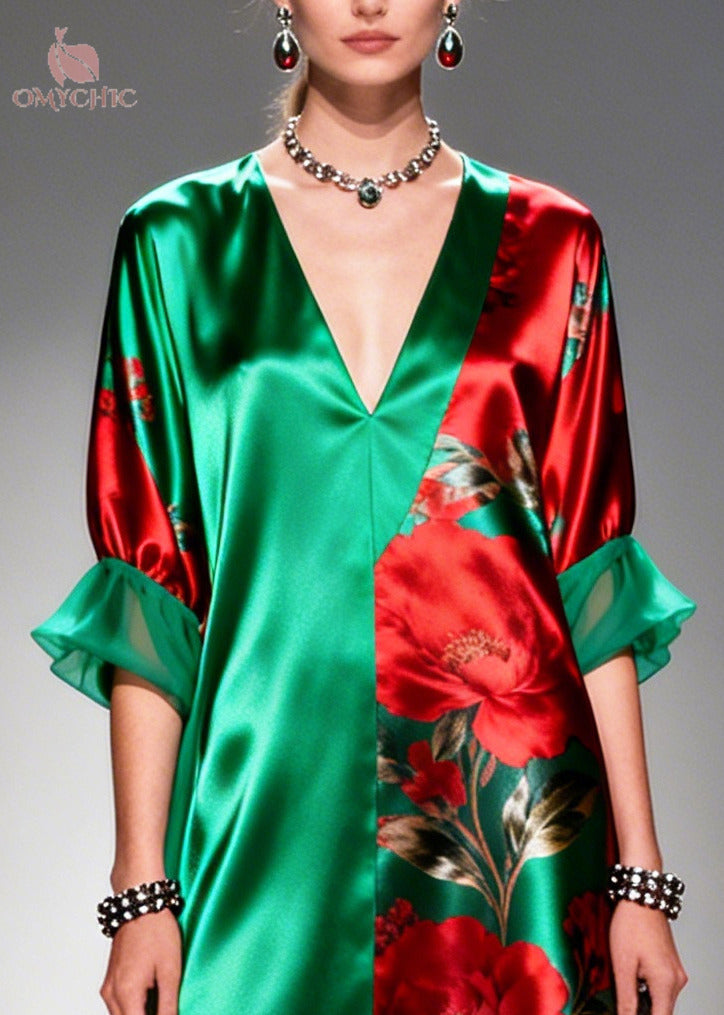 Boutique Tea Green Oversized Print Silk Long Dress Summer