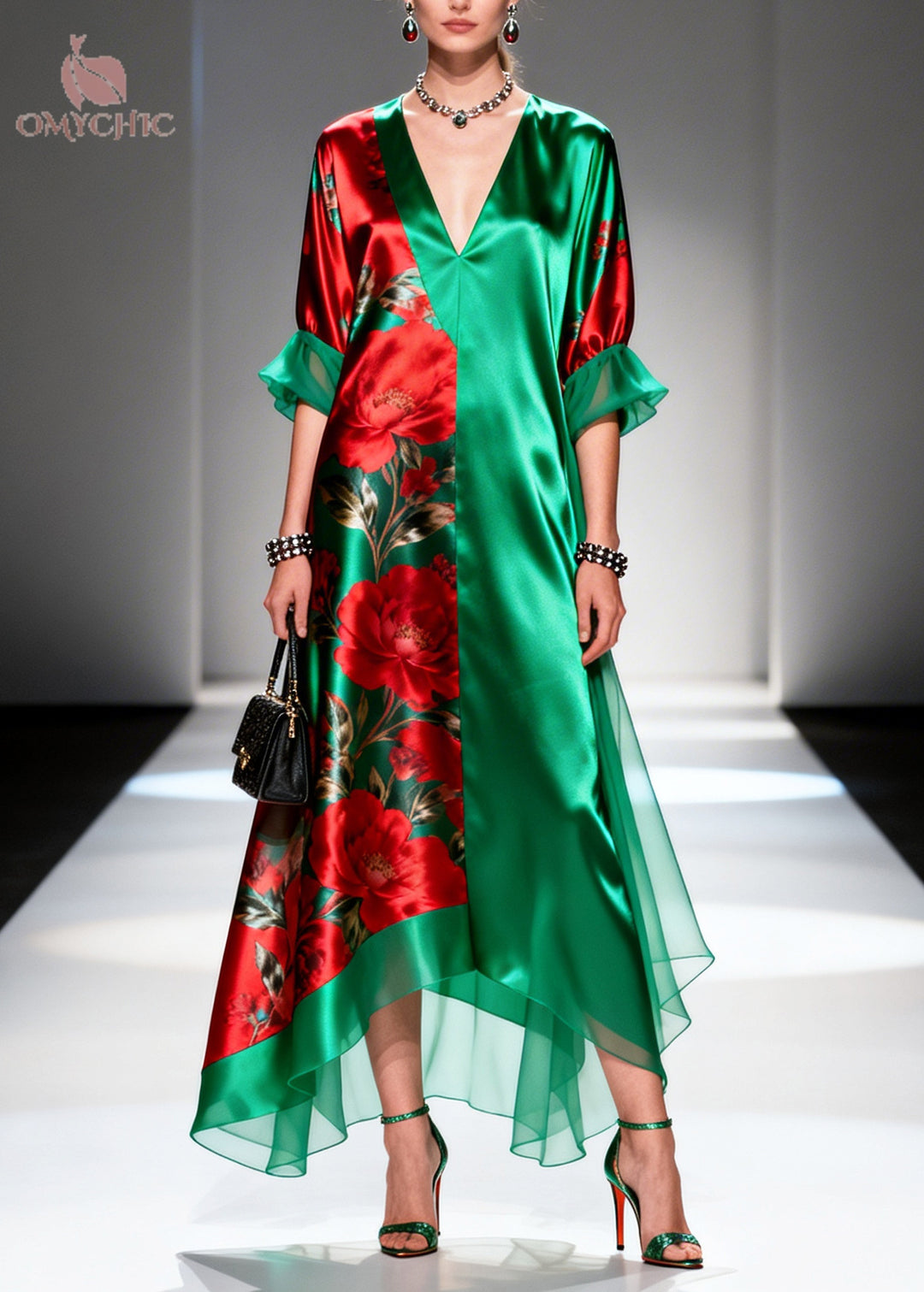 Boutique Tea Green Oversized Print Silk Long Dress Summer