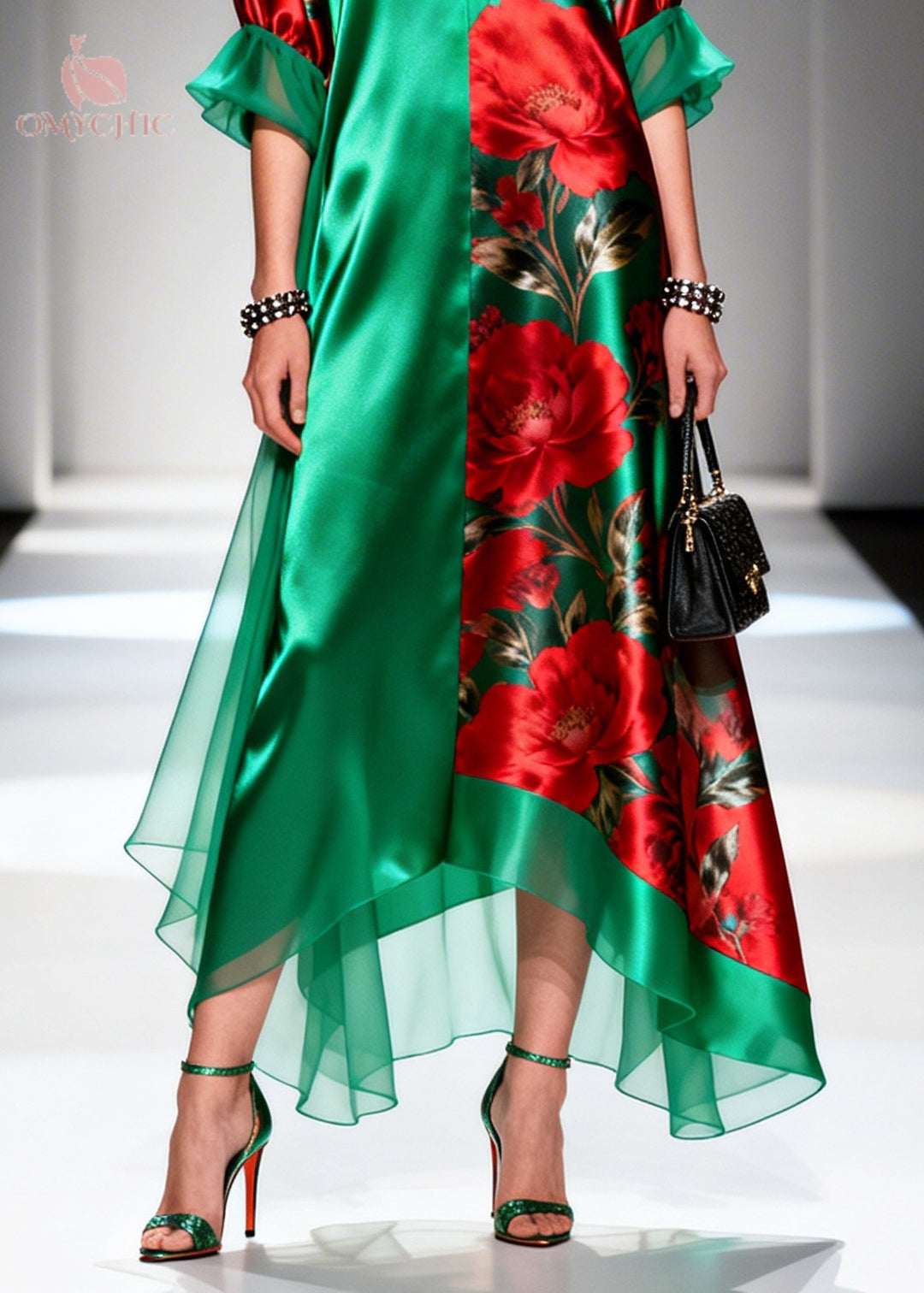 Boutique Tea Green Oversized Print Silk Long Dress Summer