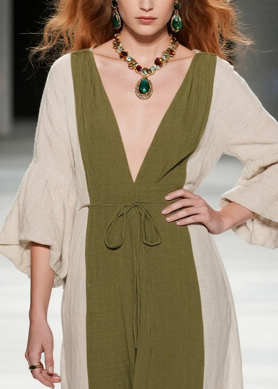 Boutique Tea Green V Neck Patchwork Cotton Long Dresses Summer