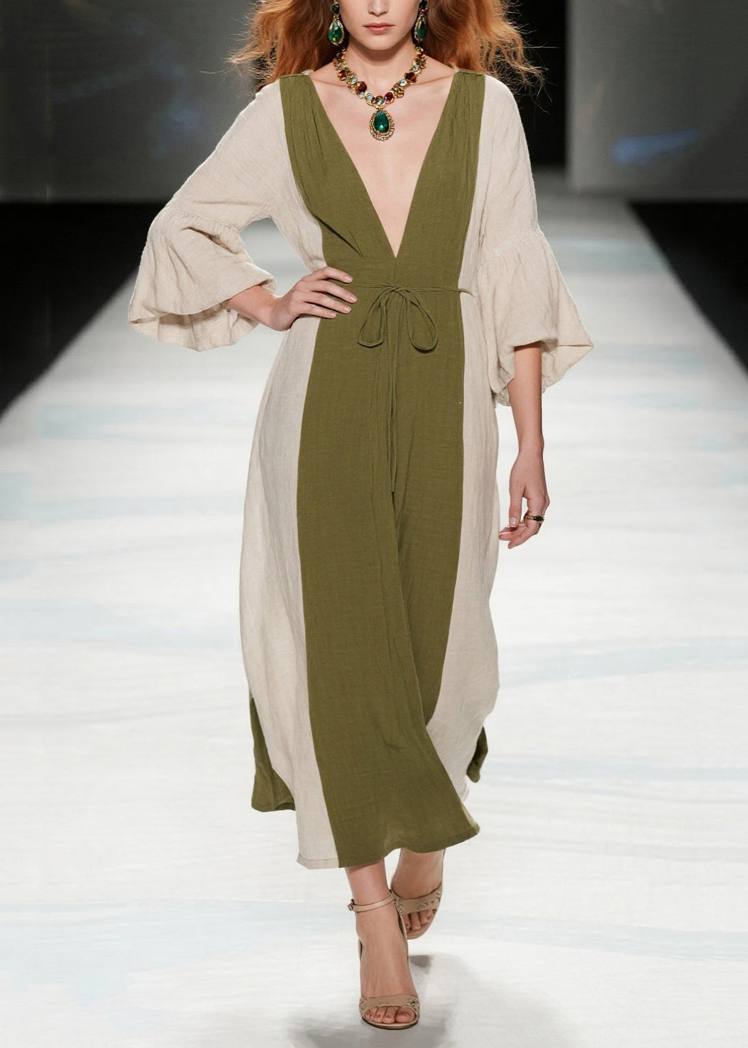 Boutique Tea Green V Neck Patchwork Cotton Long Dresses Summer