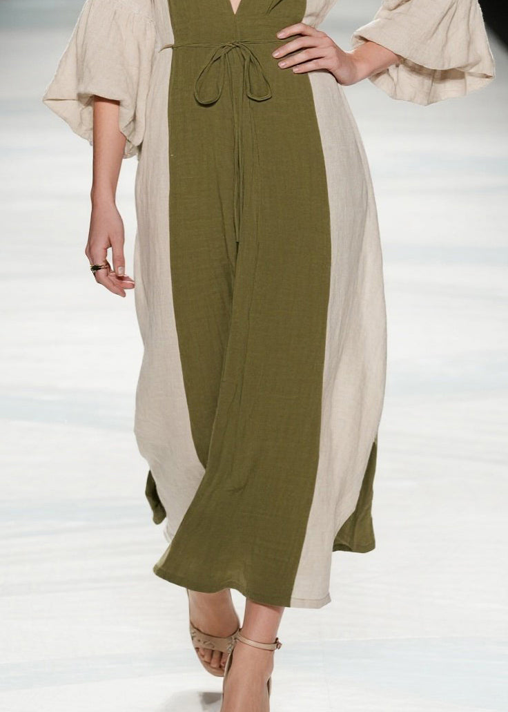 Boutique Tea Green V Neck Patchwork Cotton Long Dresses Summer