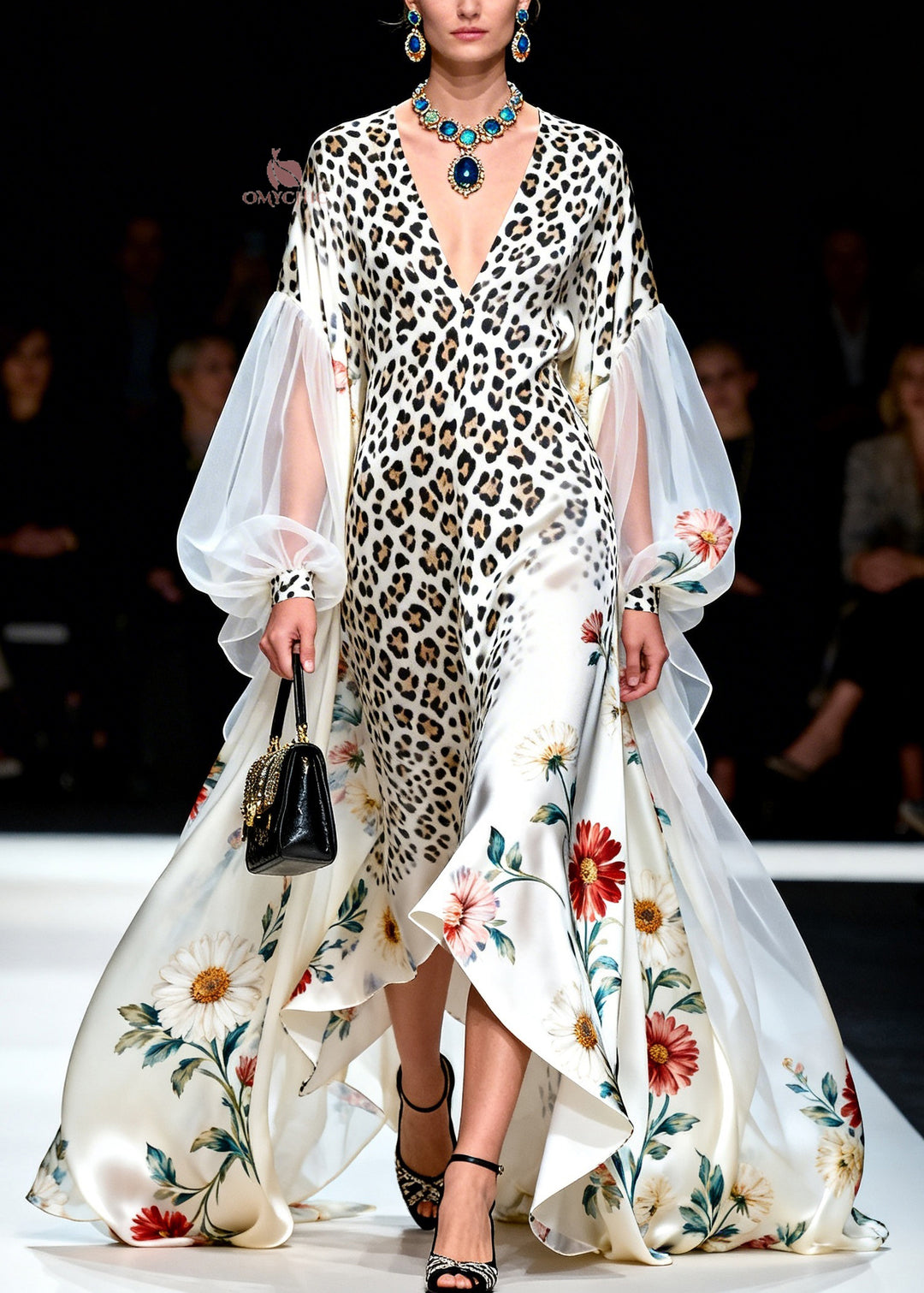 Boutique V Neck Asymmetrical Design Print Patchwork Chiffon Dresses Lantern Sleeve