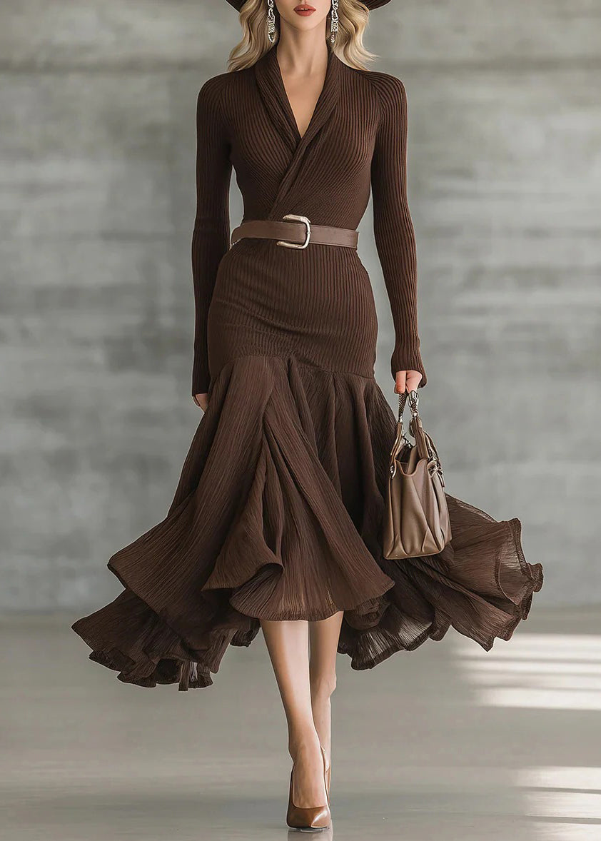 Boutique V Neck Asymmetrical Ruffled Patchwork Cotton Maxi Dress Long Sleeve