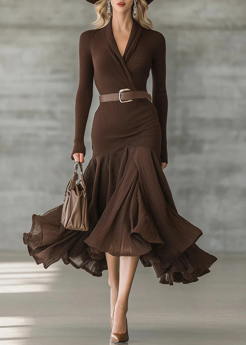 Boutique V Neck Asymmetrical Ruffled Patchwork Cotton Maxi Dress Long Sleeve