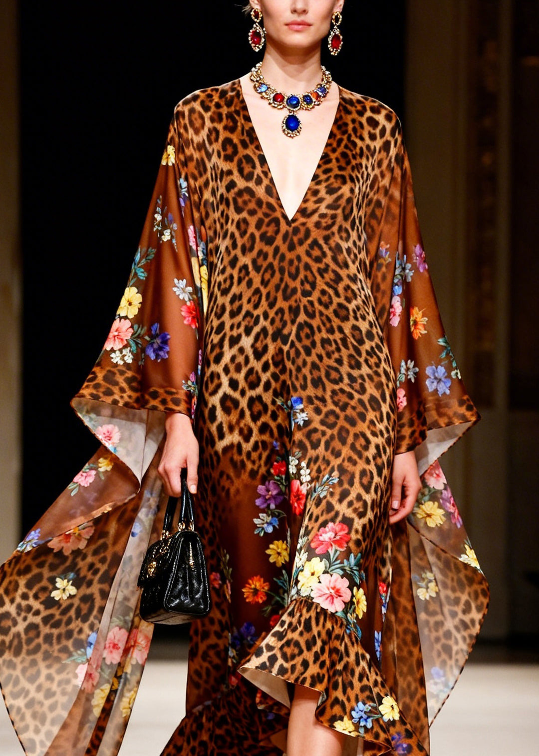 Boutique V Neck Leopard Print Ruffled Patchwork Chiffon Robe Dresses Summer