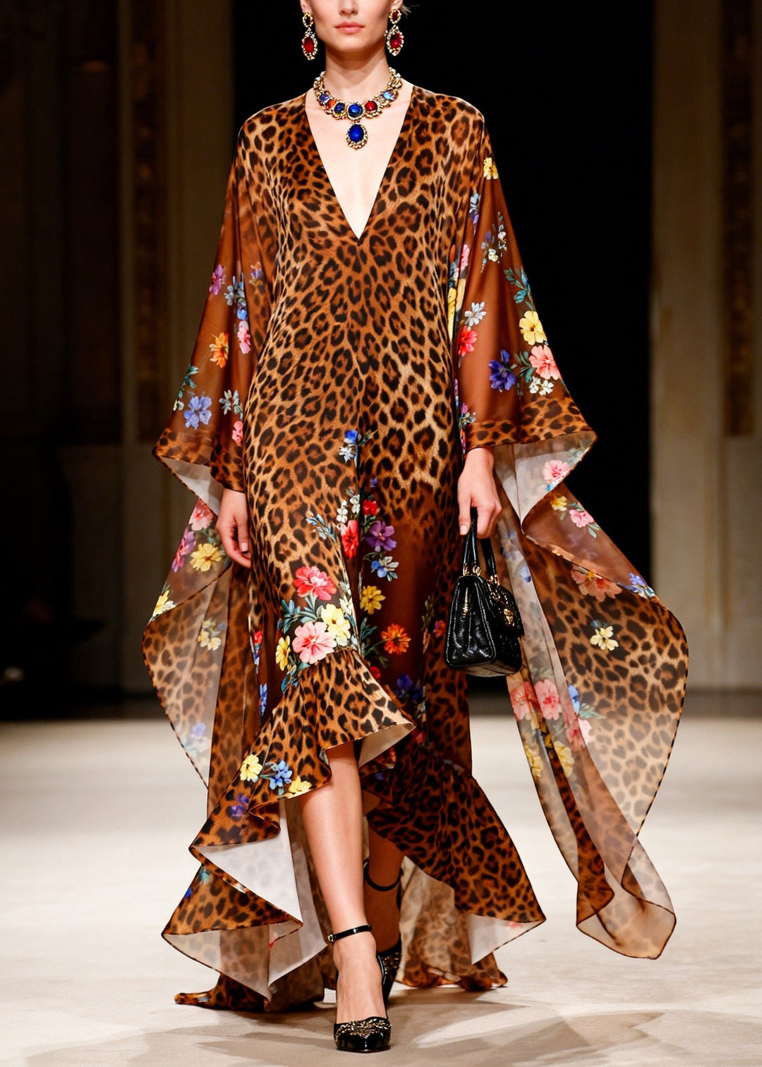 Boutique V Neck Leopard Print Ruffled Patchwork Chiffon Robe Dresses Summer