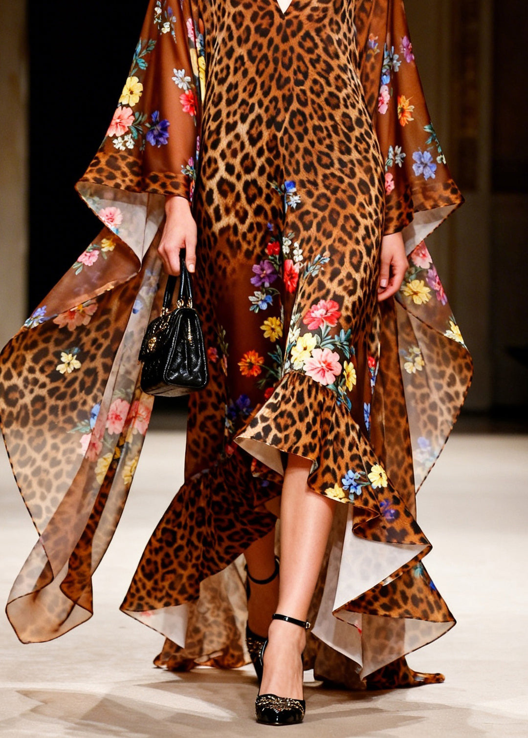 Boutique V Neck Leopard Print Ruffled Patchwork Chiffon Robe Dresses Summer