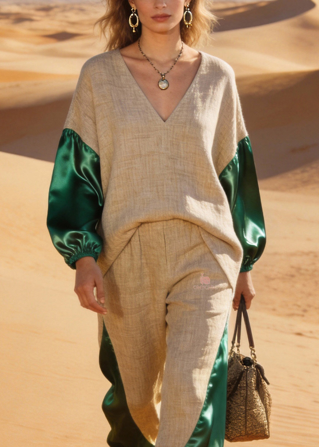 Boutique V Neck Patchwork Linen Silk Two Pieces Set Spring