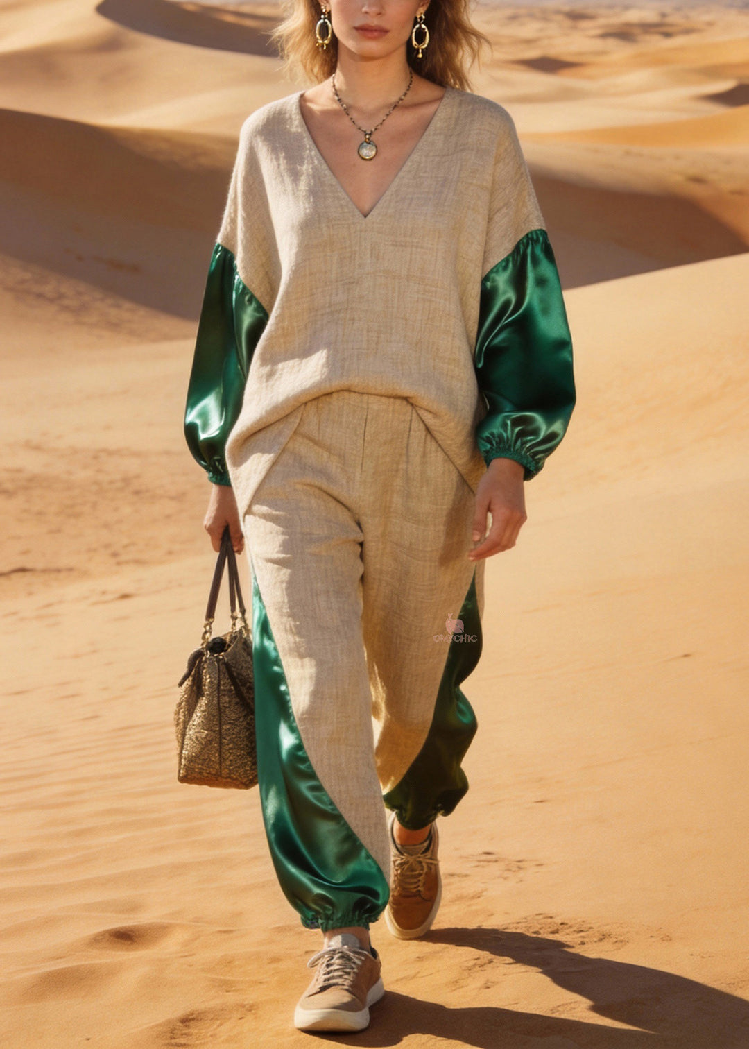 Boutique V Neck Patchwork Linen Silk Two Pieces Set Spring