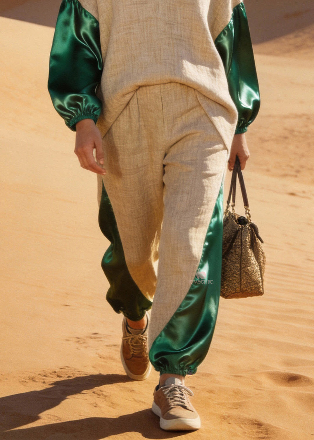 Boutique V Neck Patchwork Linen Silk Two Pieces Set Spring