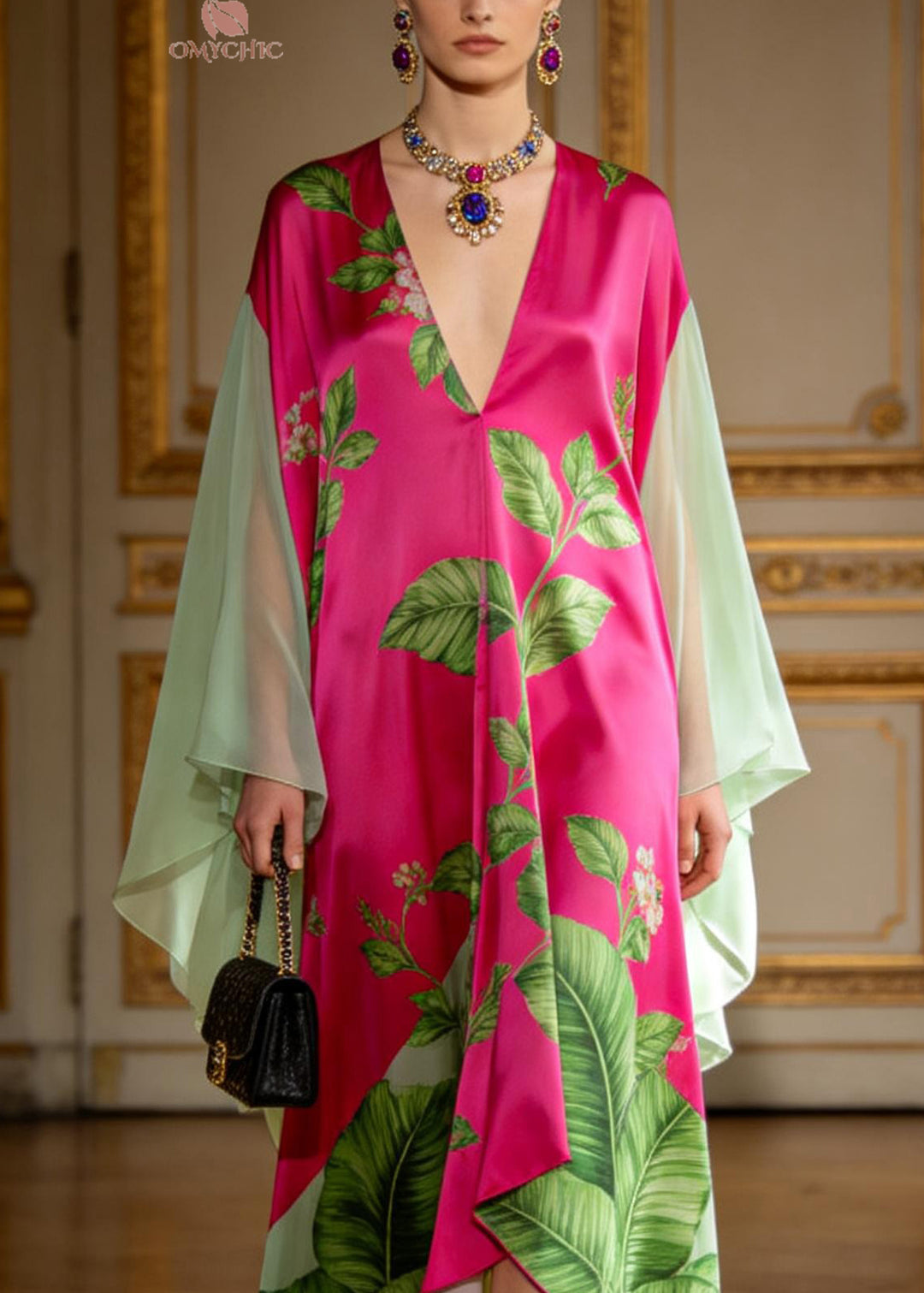 Boutique V Neck Print Patchwork Chiffon Maxi Dresses Summer