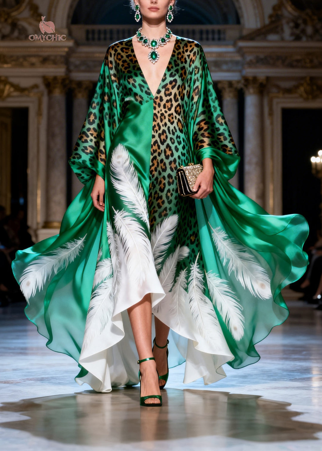 Boutique V Neck Print Patchwork Silk Long Dresses Summer