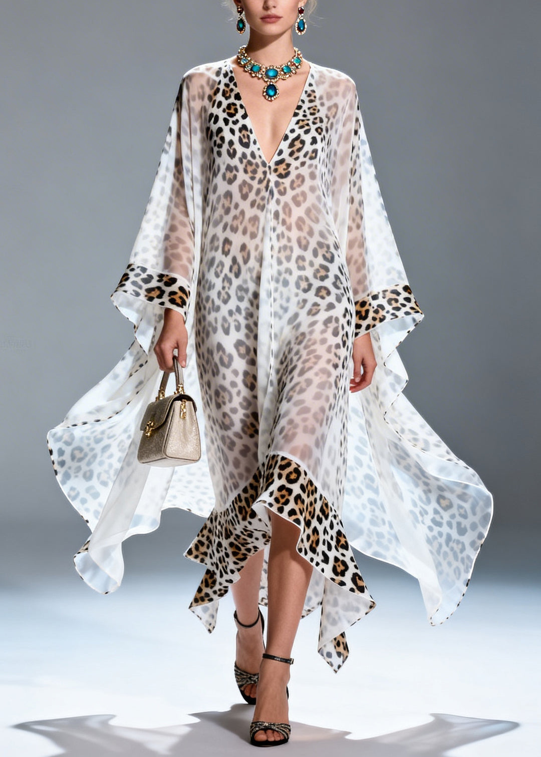 Boutique V Neck Print Ruffled Chiffon Long Dresses Summer