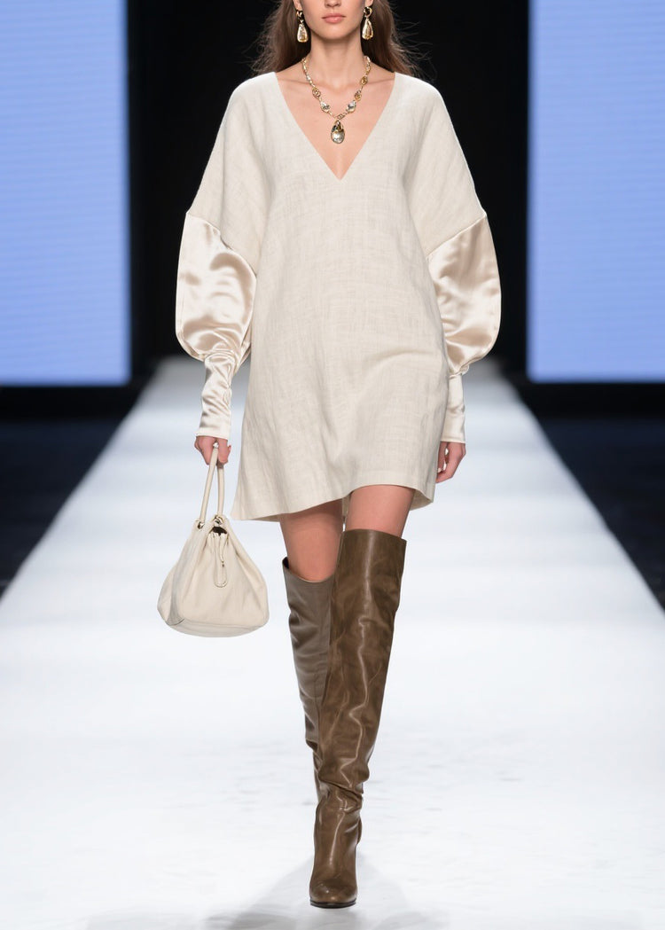 Boutique V Neck Solid Silk Patchwork Mini Dresses Batwing Sleeve - Omychic