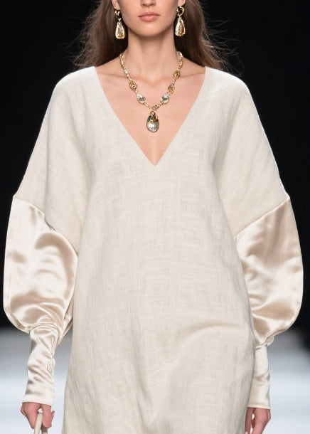 Boutique V Neck Solid Silk Patchwork Mini Dresses Batwing Sleeve - Omychic