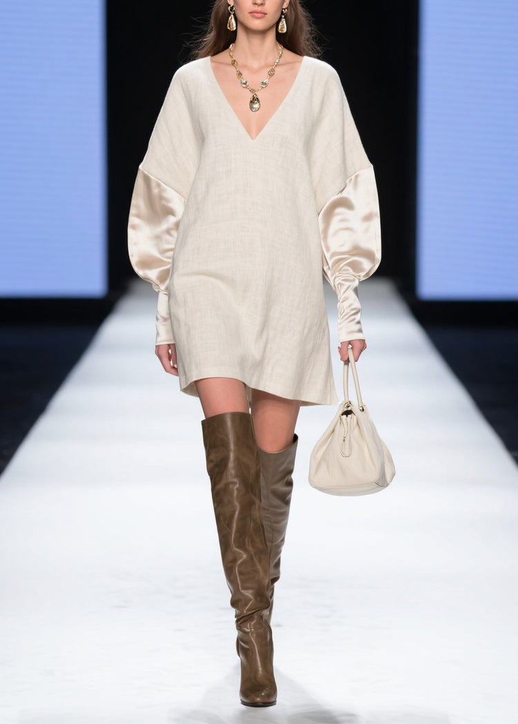 Boutique V Neck Solid Silk Patchwork Mini Dresses Batwing Sleeve - Omychic