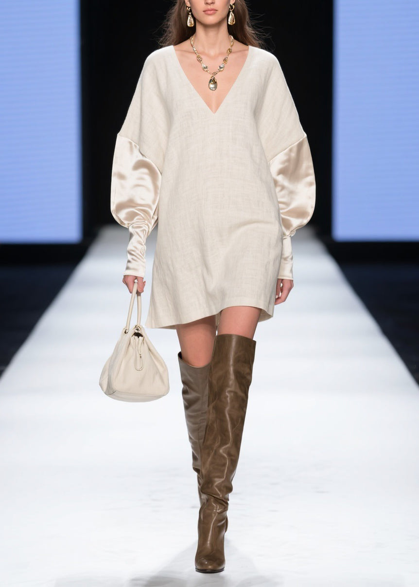 Boutique V Neck Solid Silk Patchwork Mini Dresses Batwing Sleeve - Omychic