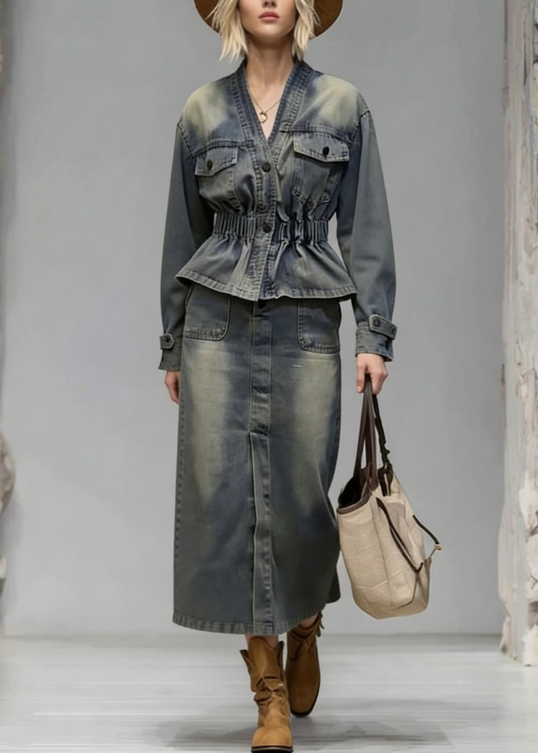 Boutique V Neck Wrinkled Denim Two Piece Set Women Clothing Spring