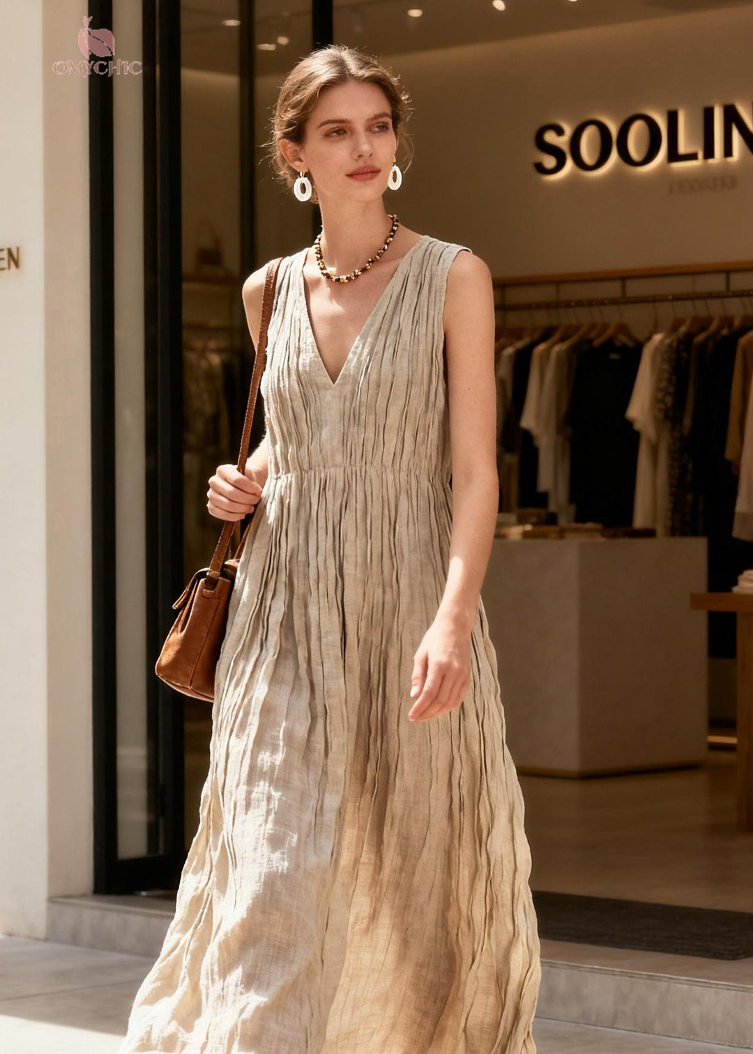 Boutique V Neck Wrinkled Patchwork Cotton Dresses Sleeveless