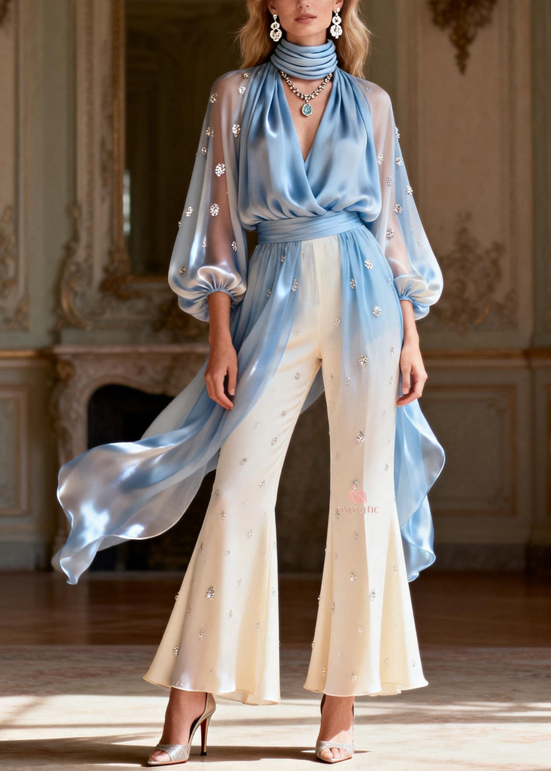 Boutique V Neck Zircon Patchwork Silk Two Pieces Set Spring