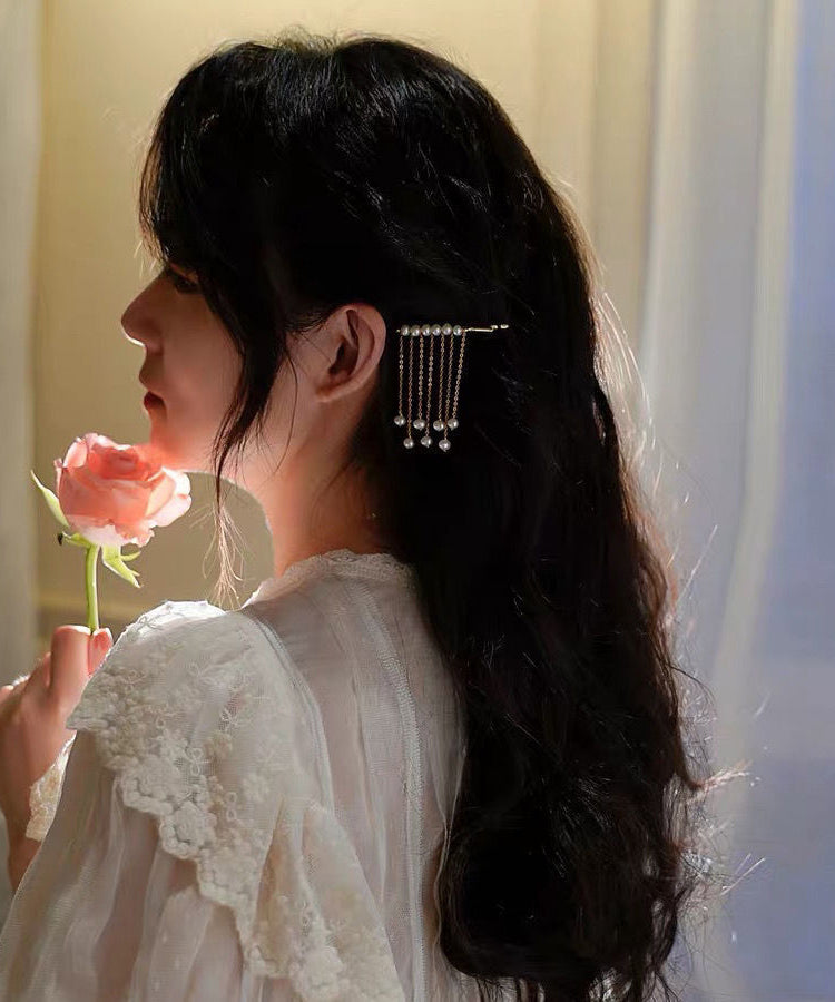 Boutique White Copper Overgild Pearl Crystal Tassel Hairpin