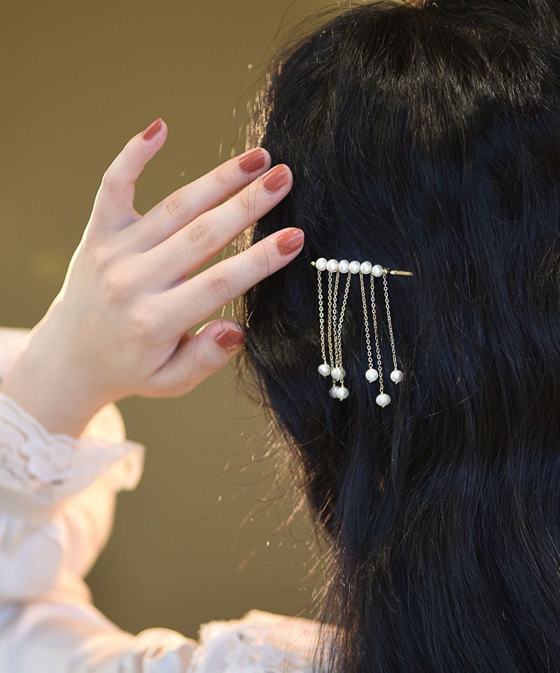Boutique White Copper Overgild Pearl Crystal Tassel Hairpin