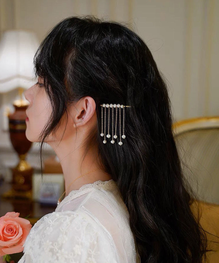 Boutique White Copper Overgild Pearl Crystal Tassel Hairpin