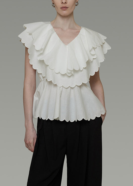 Boutique White Double-layer Ruffled Cotton Blouses Summer