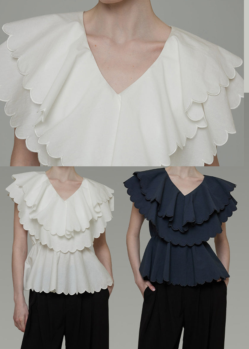 Boutique White Double-layer Ruffled Cotton Blouses Summer