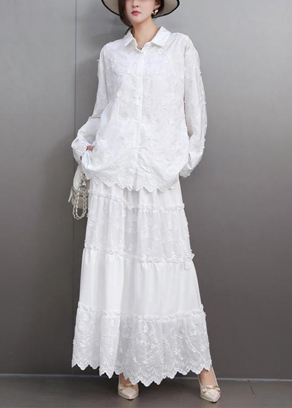Boutique White Embroidered Floral Lace Shirts And Maxi Skirts Two Pieces Set Flare Sleeve