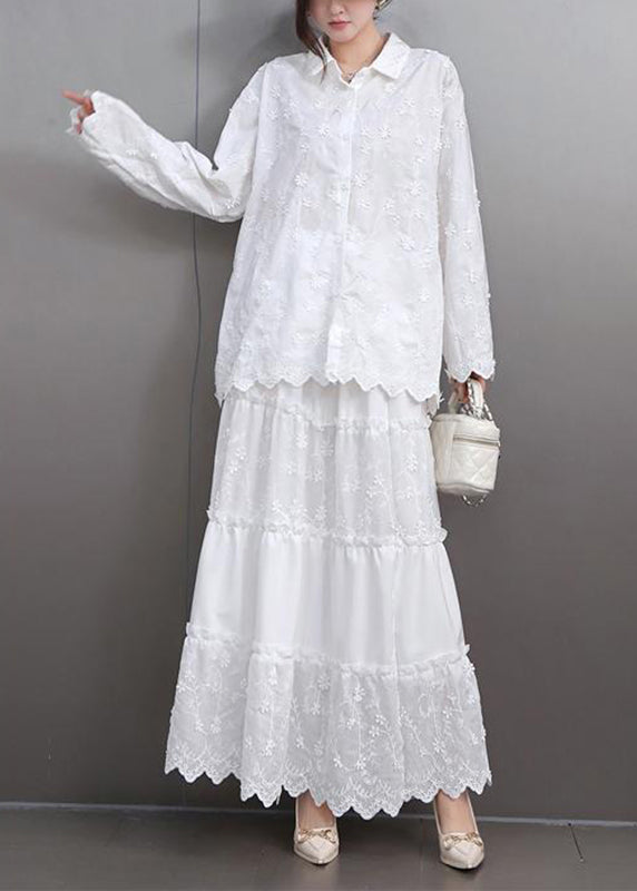Boutique White Embroidered Floral Lace Shirts And Maxi Skirts Two Pieces Set Flare Sleeve