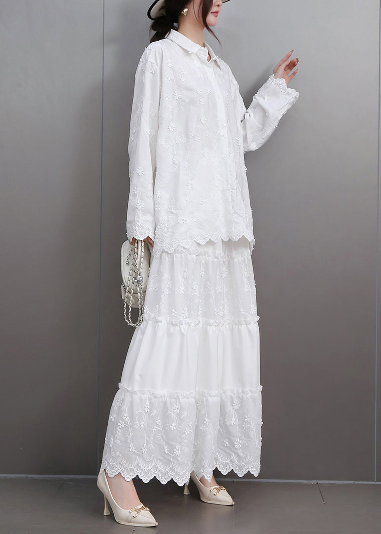 Boutique White Embroidered Floral Lace Shirts And Maxi Skirts Two Pieces Set Flare Sleeve