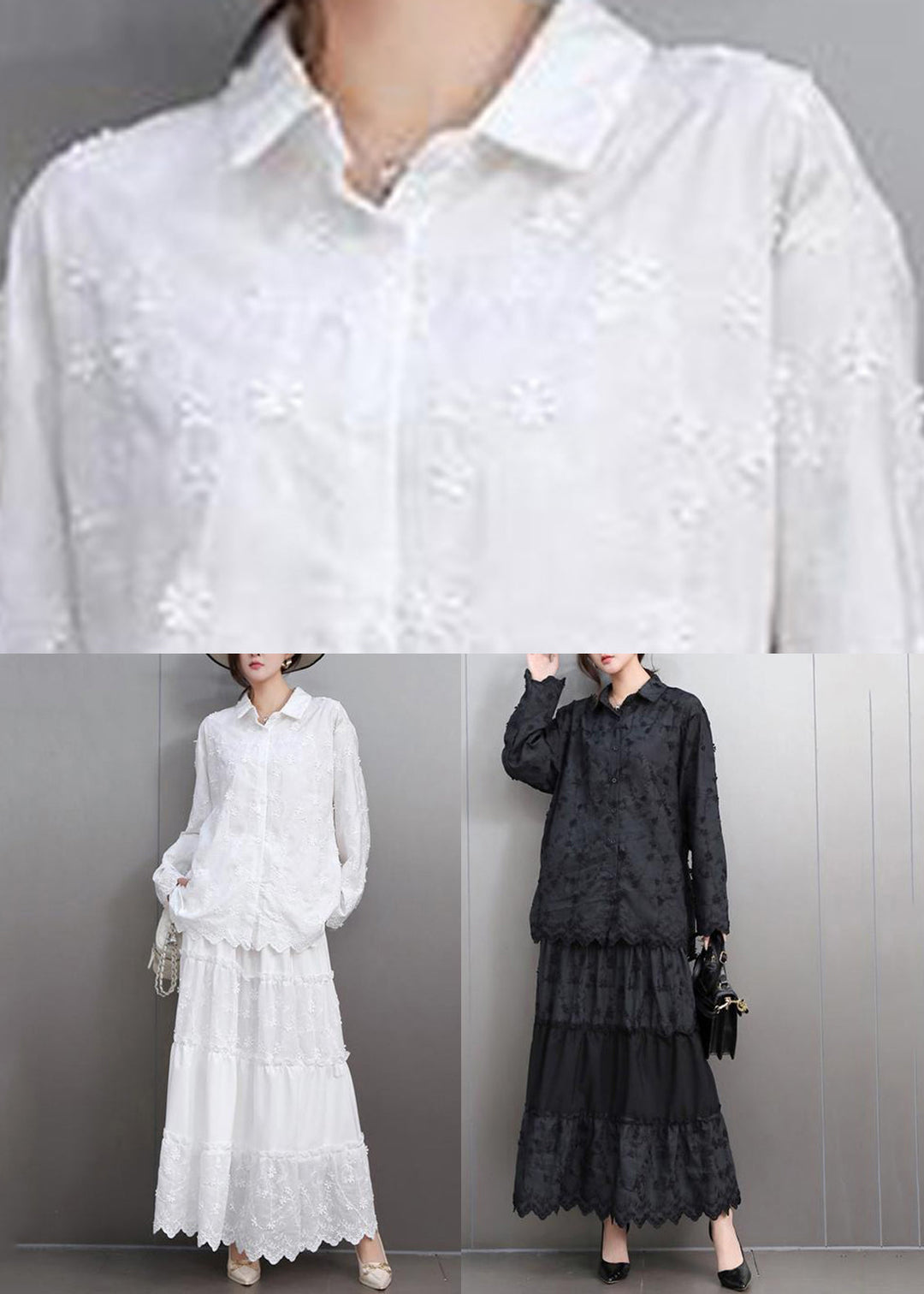 Boutique White Embroidered Floral Lace Shirts And Maxi Skirts Two Pieces Set Flare Sleeve
