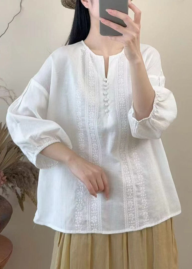 Boutique White Embroidered Linen Shirts Bracelet Sleeve