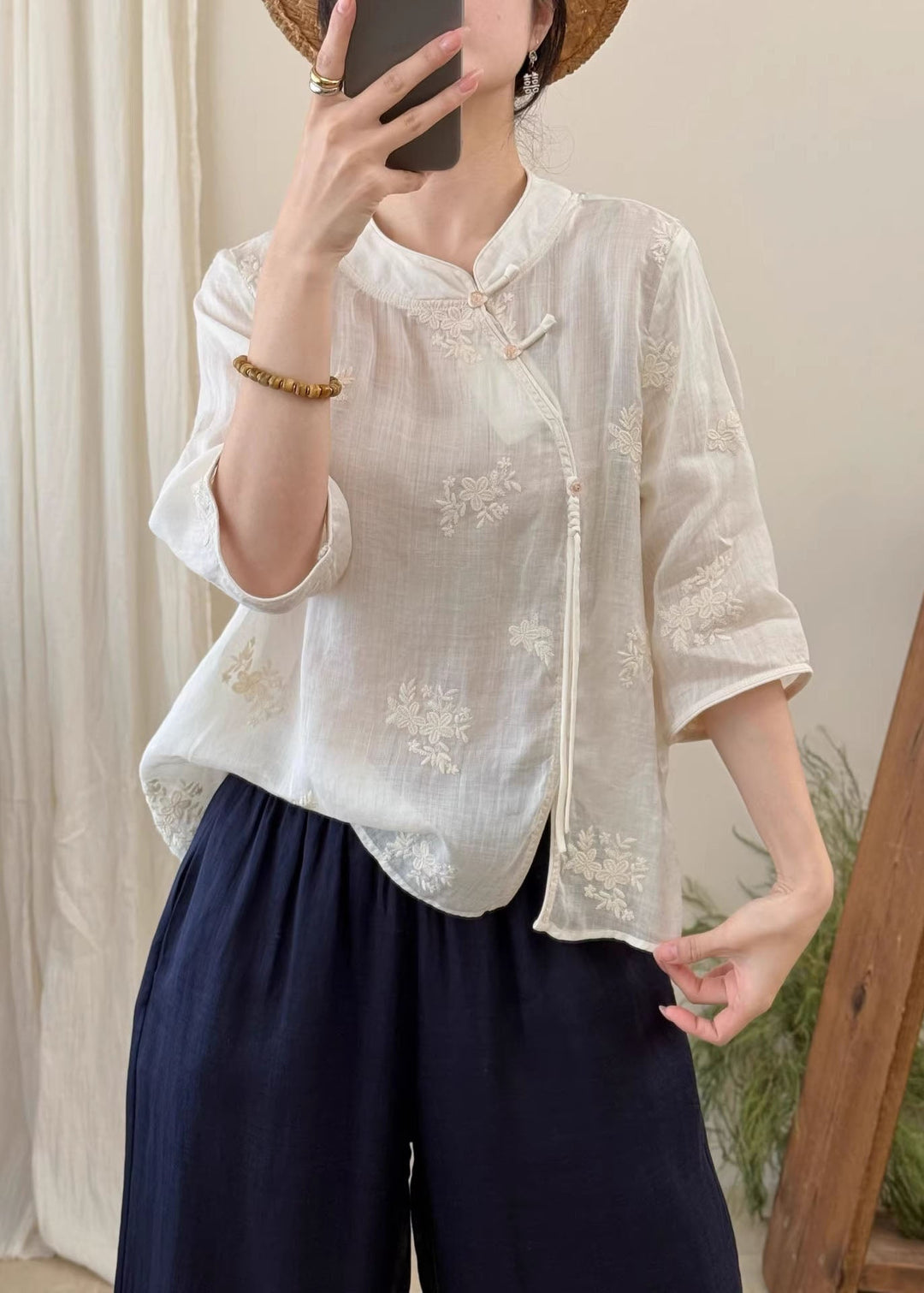 Boutique White Embroidered Oriental Button Linen Blouses Summer