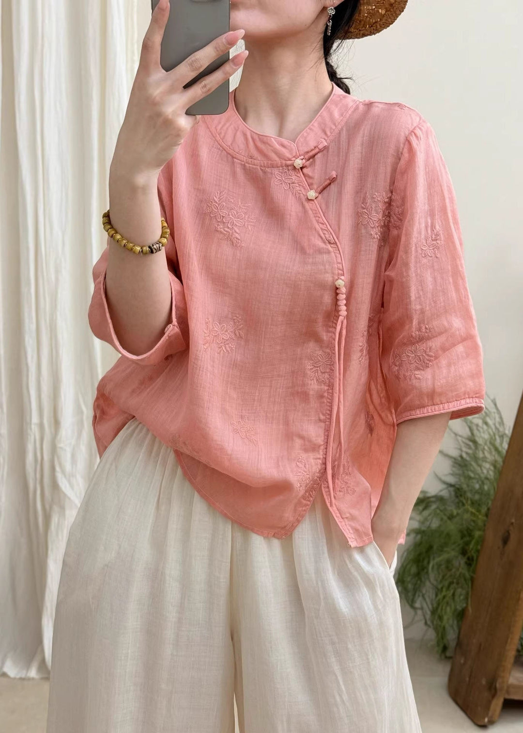 Boutique White Embroidered Oriental Button Linen Blouses Summer