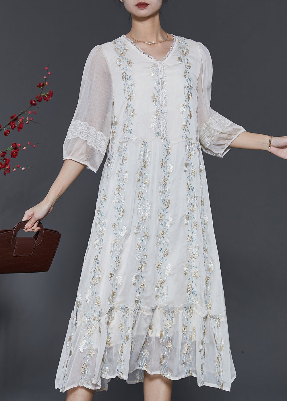 Boutique White Embroidered Patchwork Lace Silk Dresses Summer