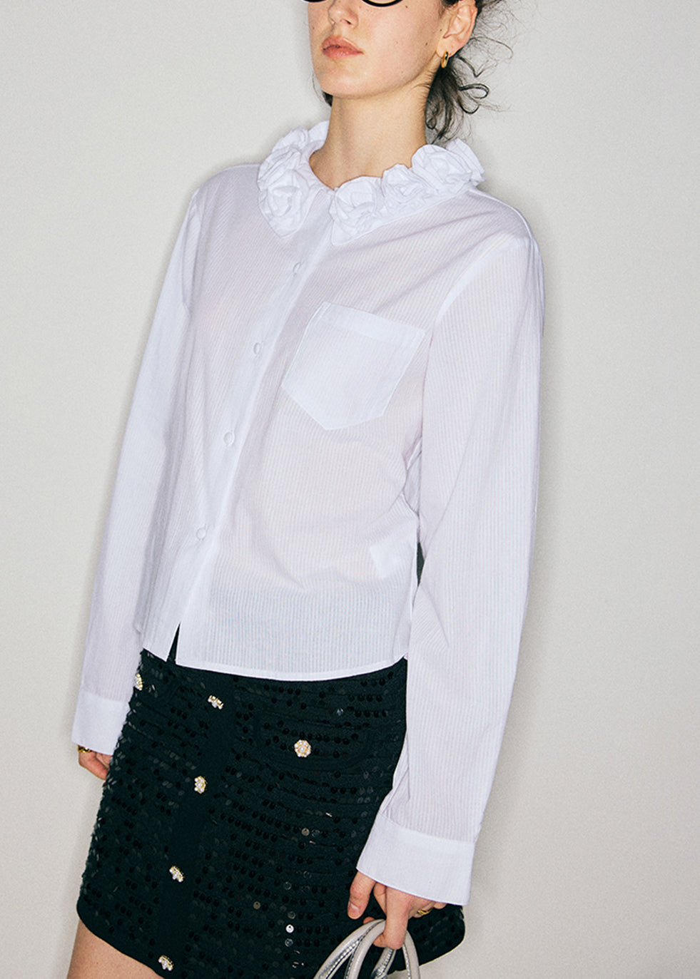 Boutique White Floral Jacquard Cotton Shirt Tops Fall