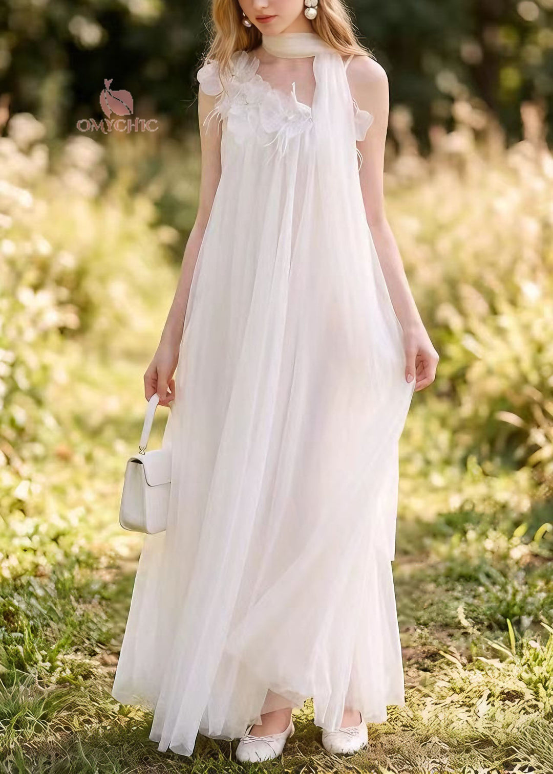 Boutique White Floral Nail Bead Tulle Long Dress Summer
