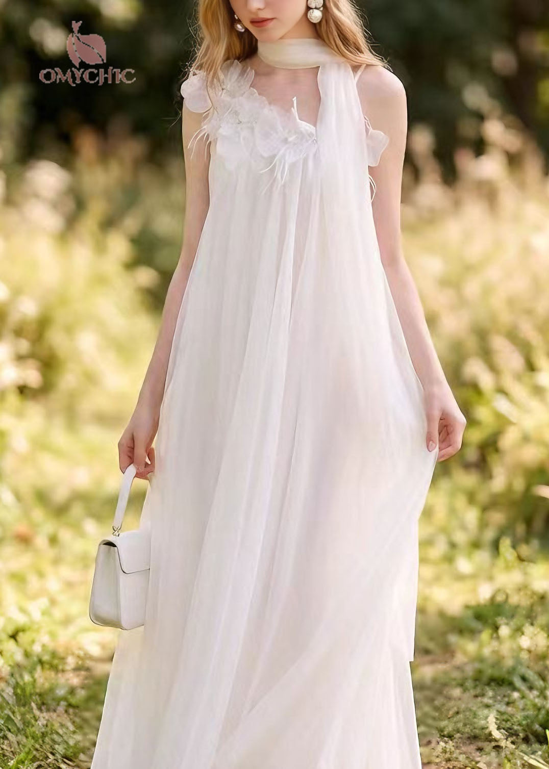 Boutique White Floral Nail Bead Tulle Long Dress Summer